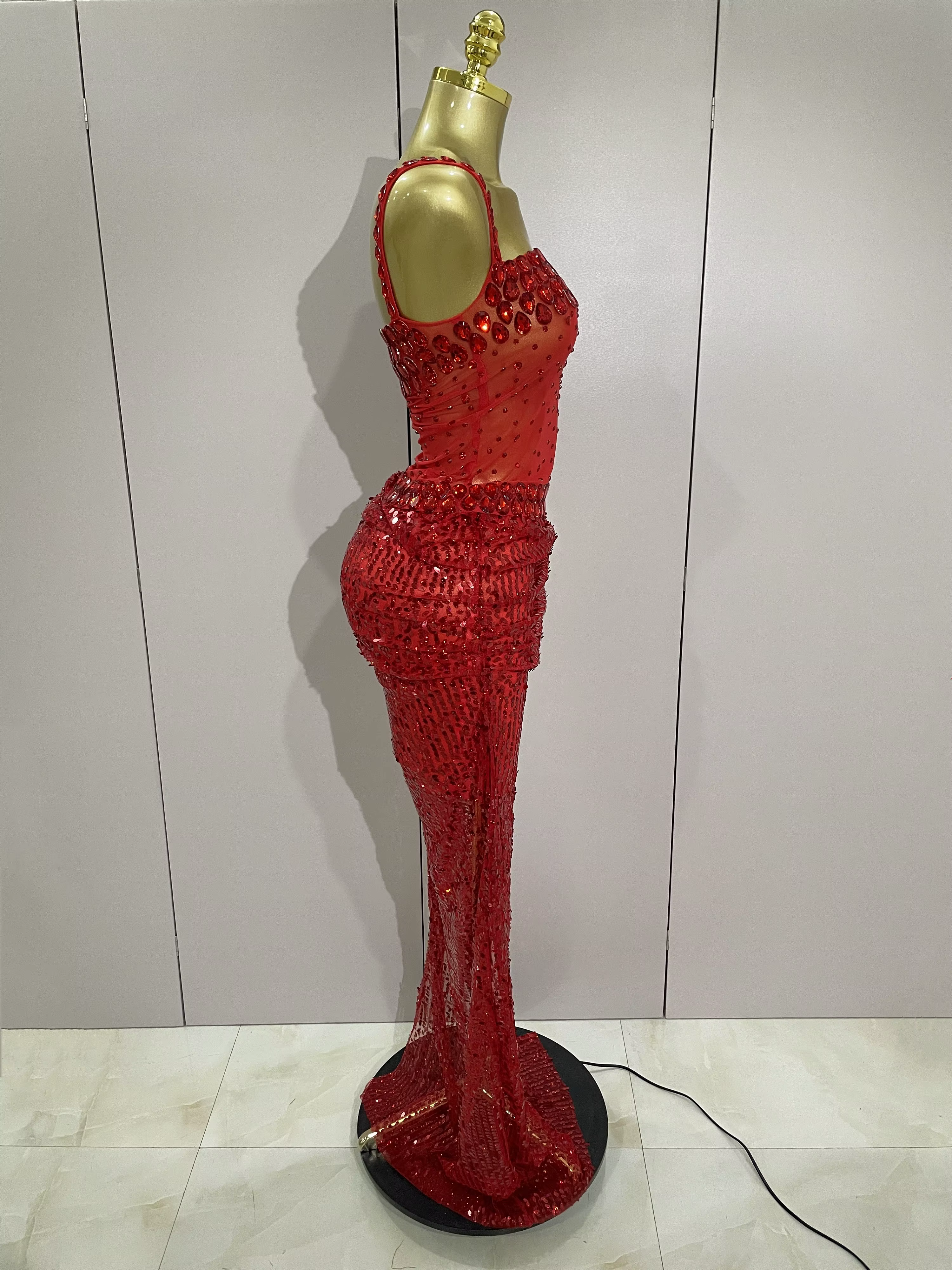 Robe longue 2 pièces transparente et sexy avec strass rouges scintillants et paillettes, pour femmes