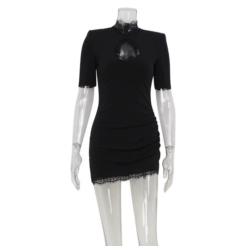 Robes à col haut pour femmes, mini robe éducative, tenues à demi-manches, gaine de tambour évidée, p