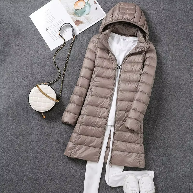 Veste de printemps ultralégère et fine pour femme, longue, pliable, chapeau détachable, jupe cintrée