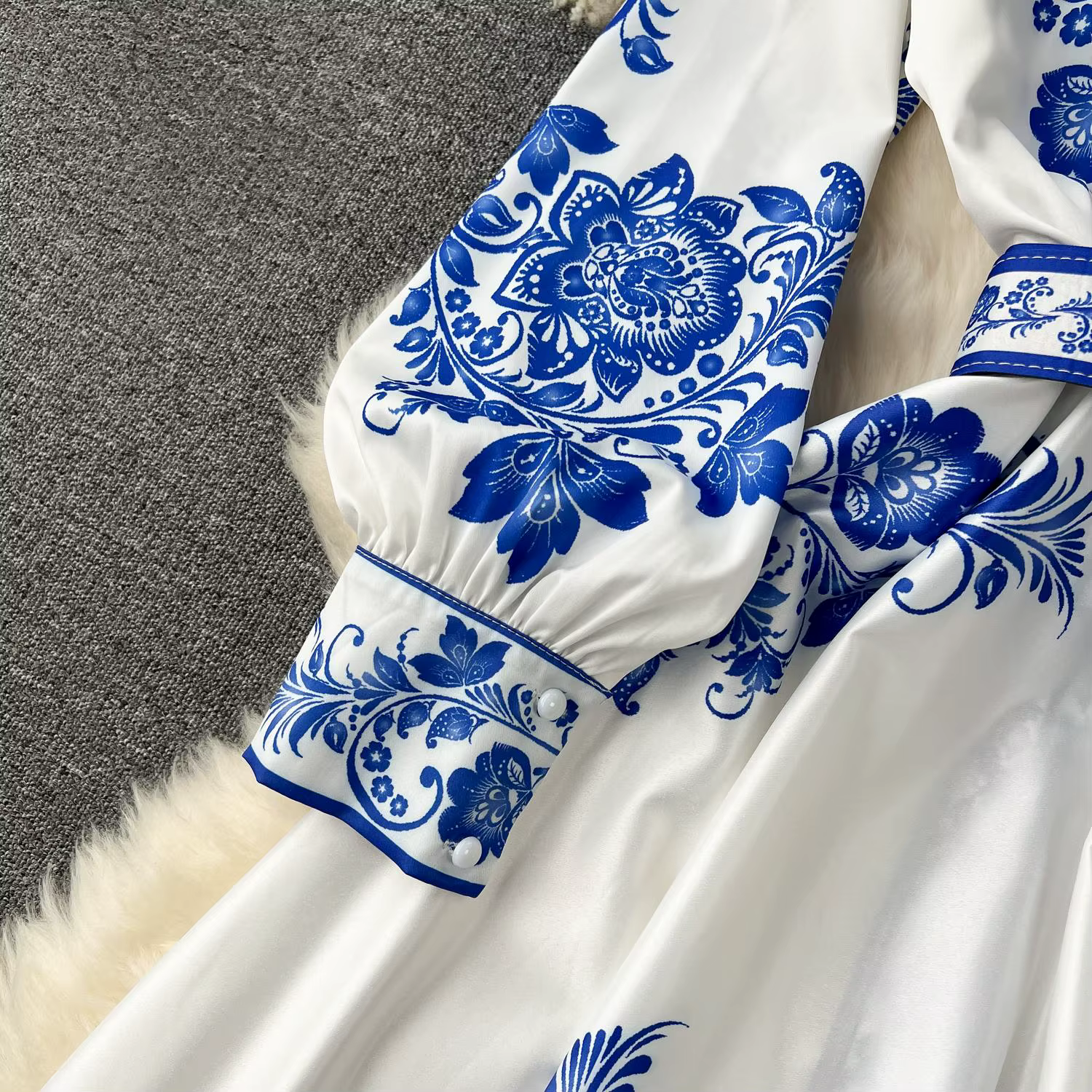 Robe en porcelaine rouge et blanche pour femmes, nouvelle mode, manches longues lanterne, imprimé Fl