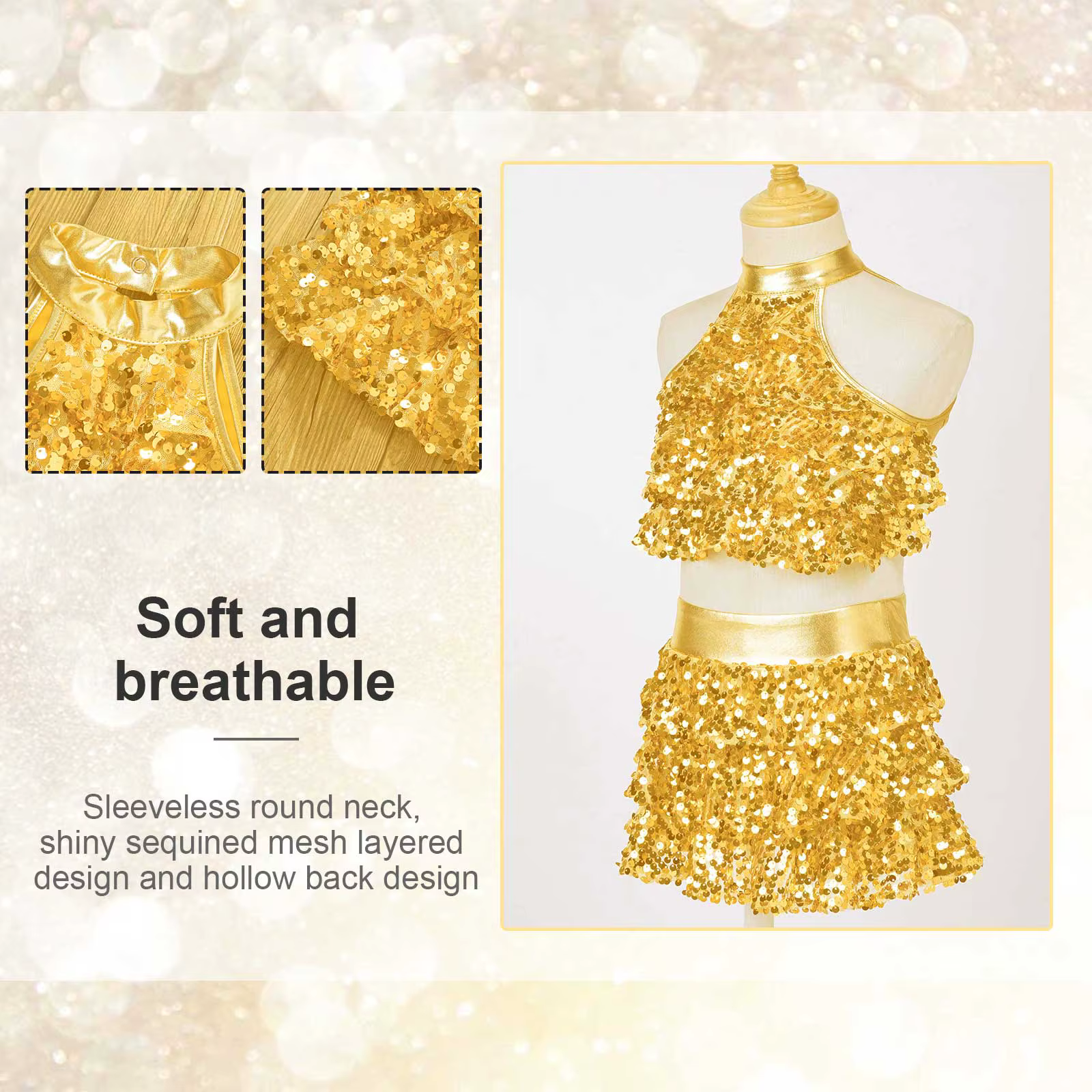 Haut court à plusieurs niveaux avec jupe pour enfants, paillettes brillantes pour filles, ensemble d