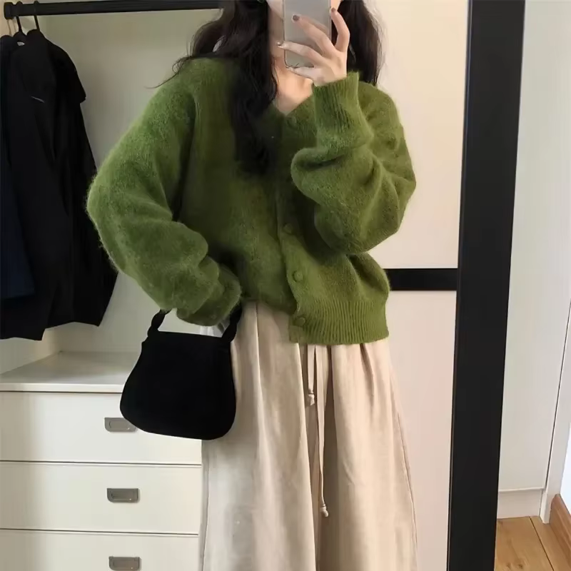 Ezgaga tricoté Cardigan femmes automne hiver mode ample solide col en V vêtements d'extérieur recadr