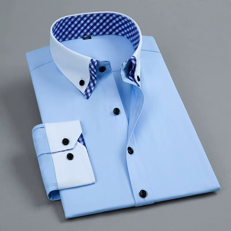Chemise habillée à manches longues pour hommes Non fer Double couche affaires formelle coupe réguliè