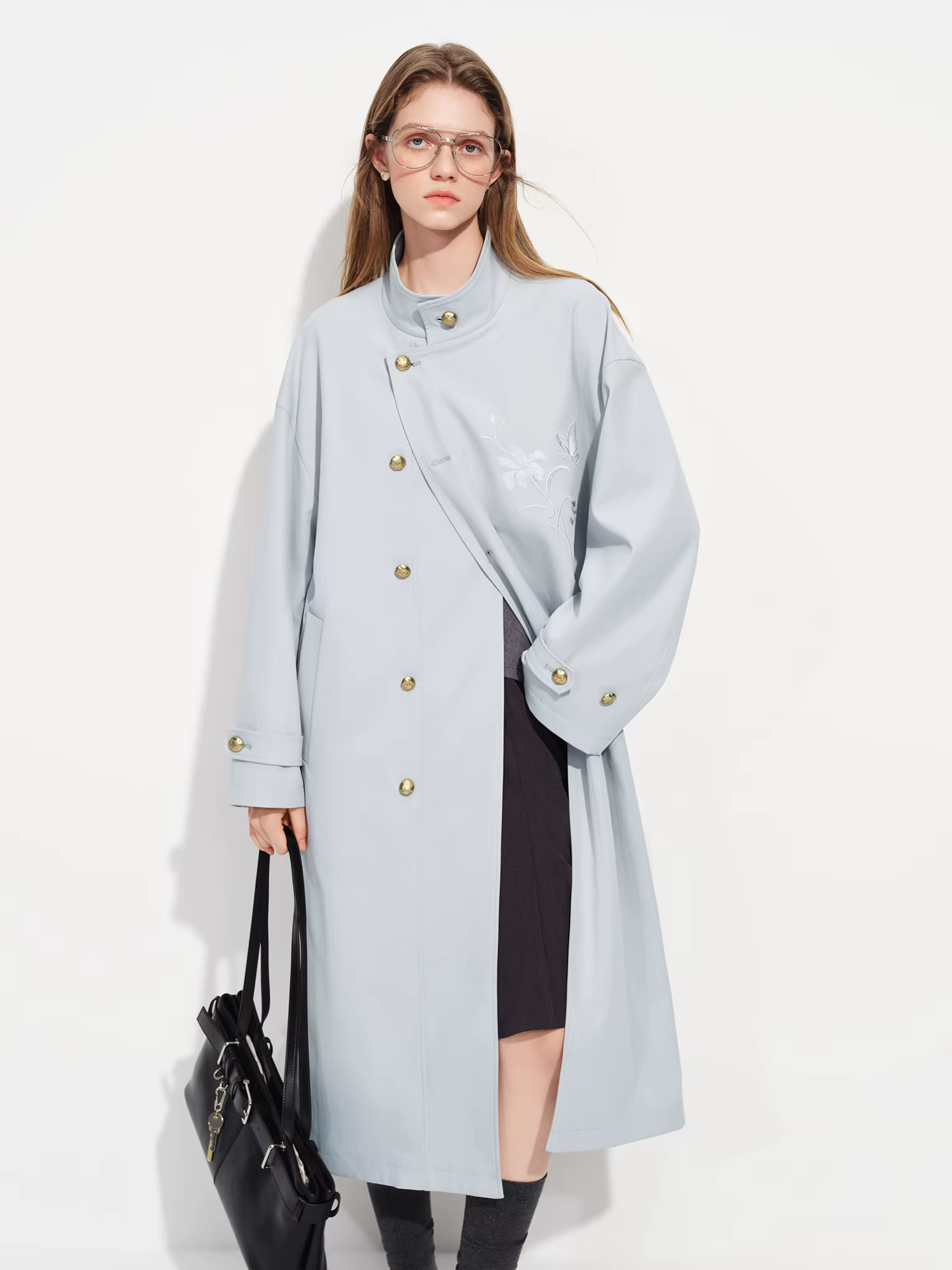Manteau long kaki FSLE brodé de style chinois à col montant classique pour femme, collection Printem
