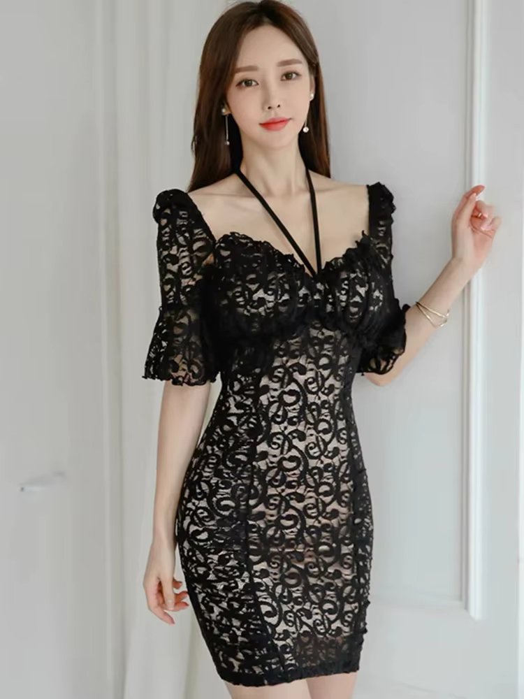 Mini robe fourreau en dentelle noire pour femme, col frontal, nœud, manches évasées, taille haute, r