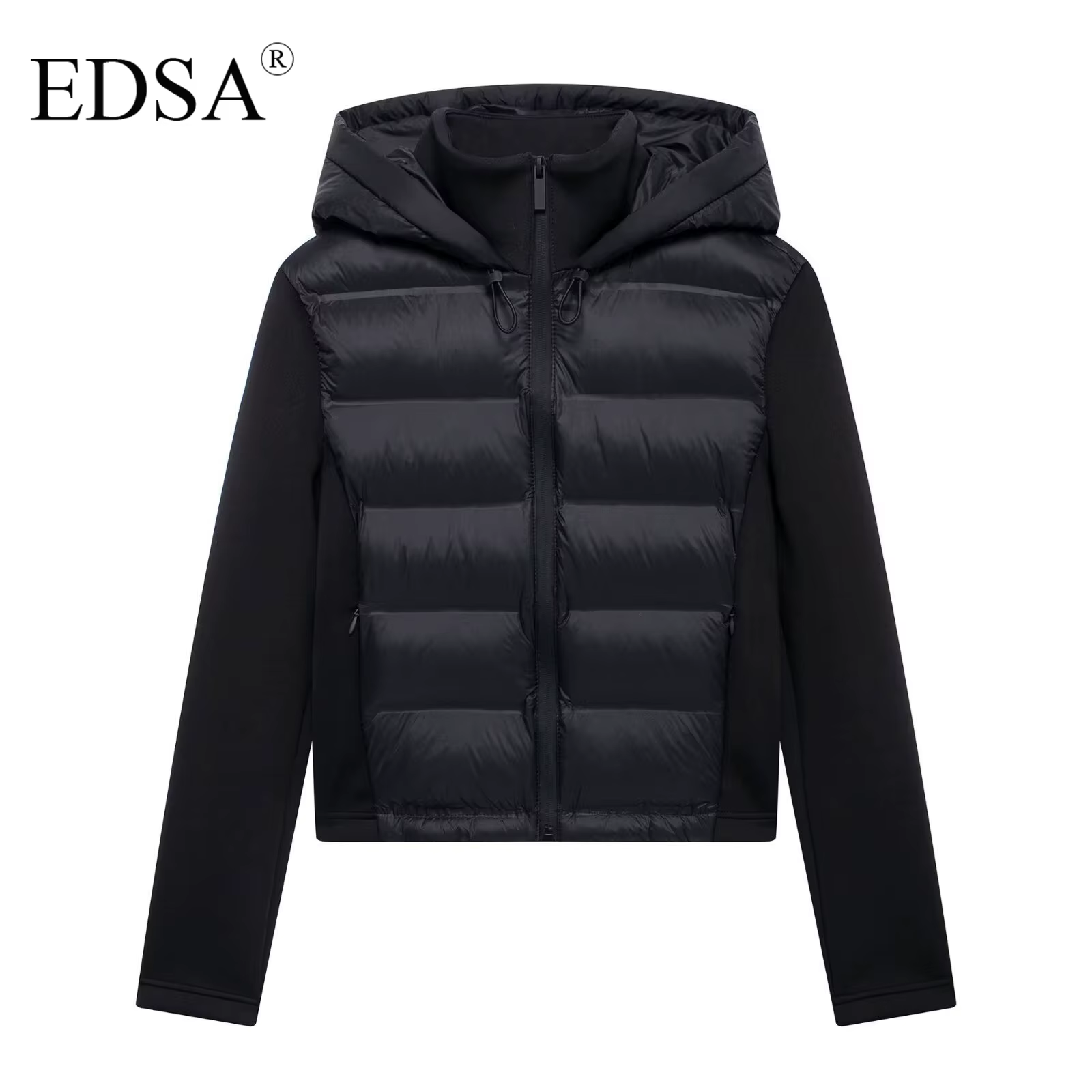 EDSA Veste rembourrée noire pour femme, capuche réglable avec bouchons, col haut, manches longues, p