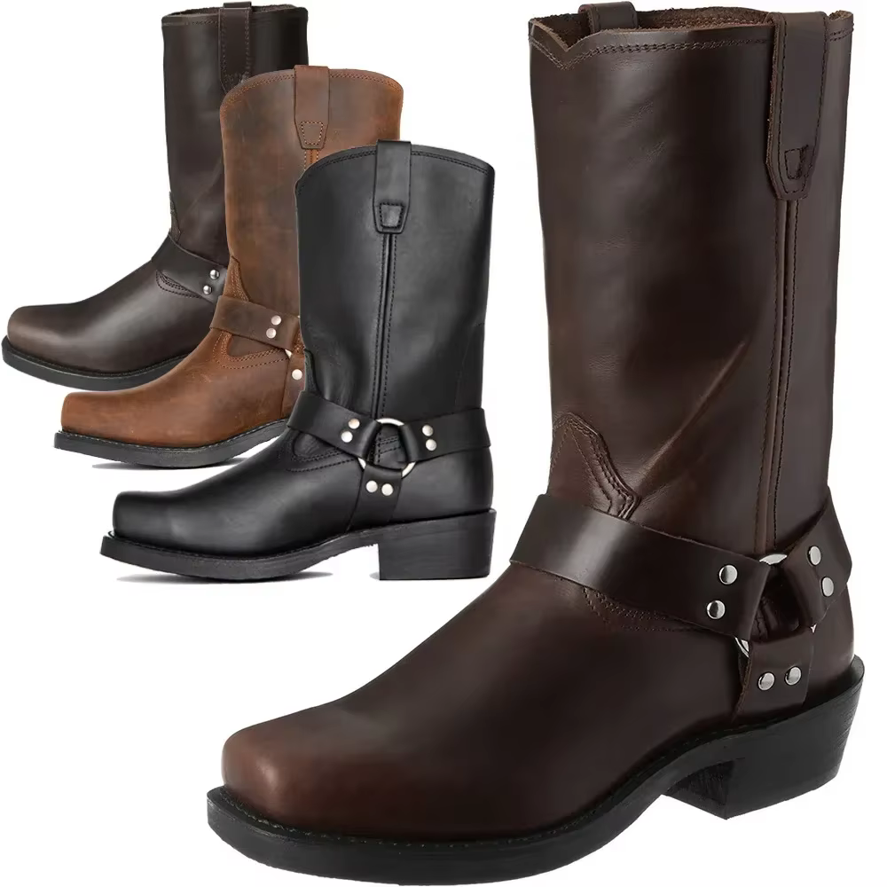 Bottes de cowboy rétro pour hommes, bottes western mi-mollet en cuir PU, chaussures à enfiler pour h