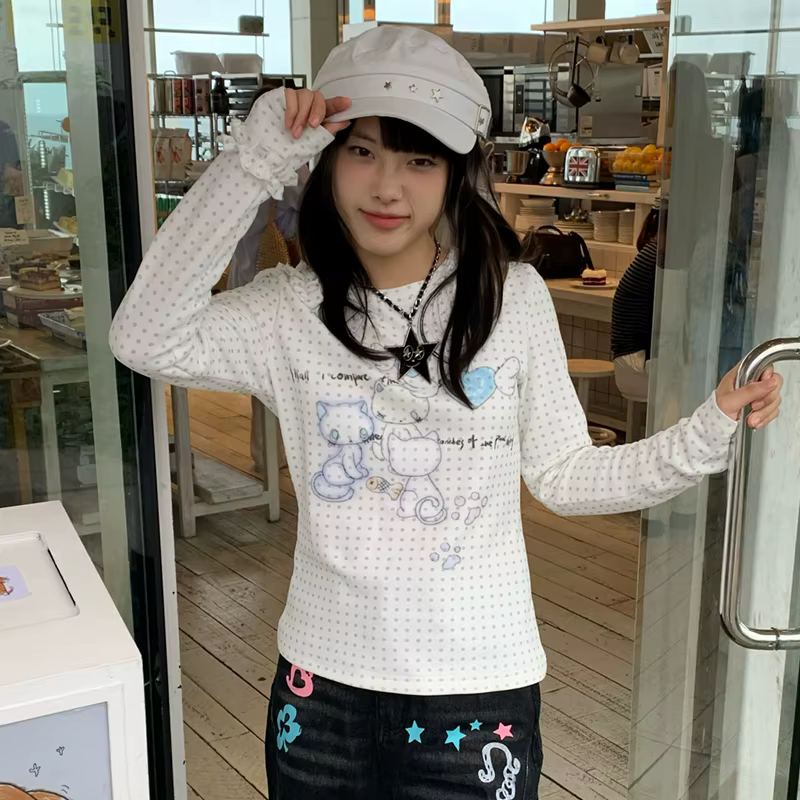 Karrram japonais Y2k Anime imprimé tricoté hauts 2000s esthétique à manches longues T-shirt Cutecore