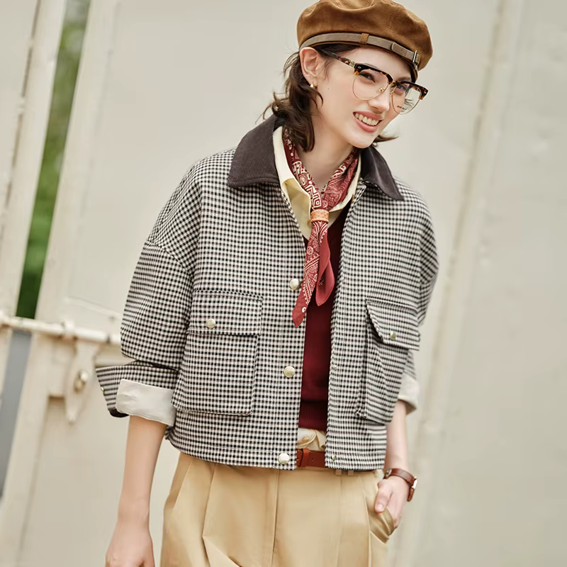 Semir veste femmes recadrée col tournant à la mode en vrac 2025 nouveau automne Plaid mode manteau