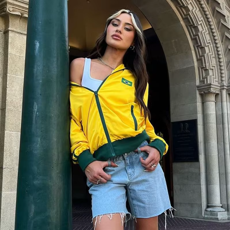 Vestes Gothiques Rétro Grunge des Années 2000, Manteau Y2k Esthétique PVD Jaune Brésil Lettre Brodée