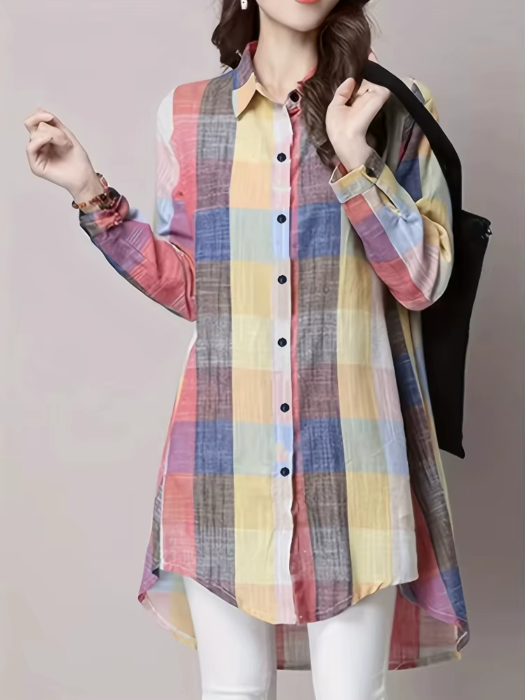 Chemisiers pour femmes grande taille 2025 nouvelle chemise ample à carreaux à rayures Vintage léger