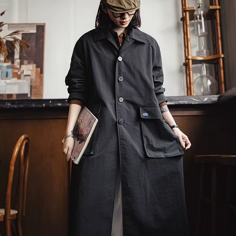 Maden – manteau Balmacaan noir pour femme, col simple boutonnage, mi-long, coupe-vent, pour printemp