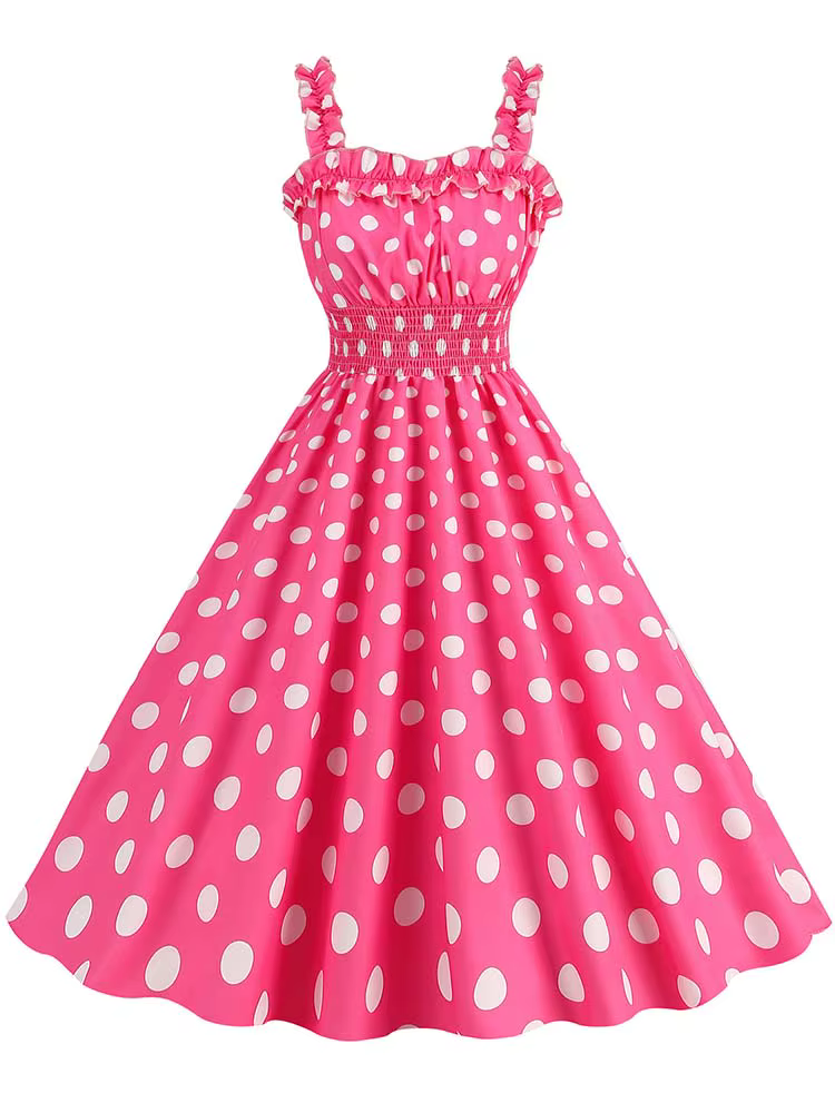 Robe mi-longue froncée à pois roses pour femmes, bretelles spaghetti, vintage, décontracté, imprimé,
