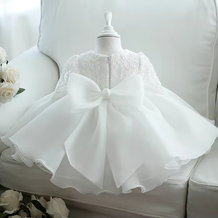Robe blanche à sequins pour bébé fille, vêtements à manches longues, robe de baptême pour nouveau-né