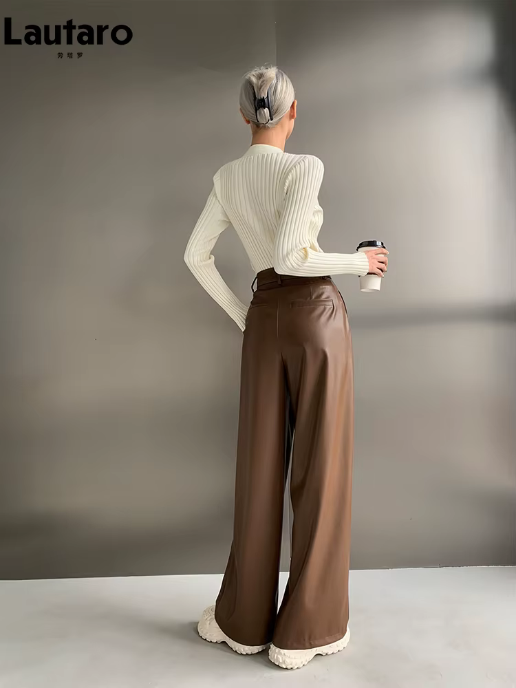 Lautaro-Pantalon à jambes larges en cuir PU pour femme, décontracté, fluide, doux, noir, marron, tai