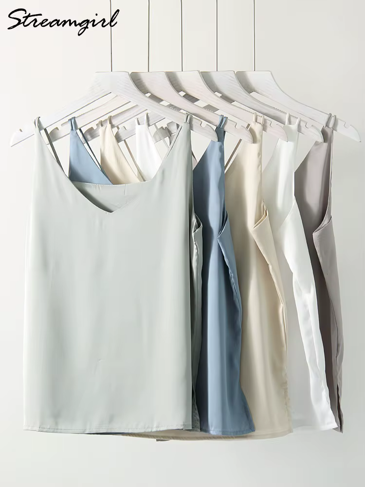 Streamgirl-Camisole en satin pour femmes, avec bretelles, blanc, élégant, sexy, débardeur, été