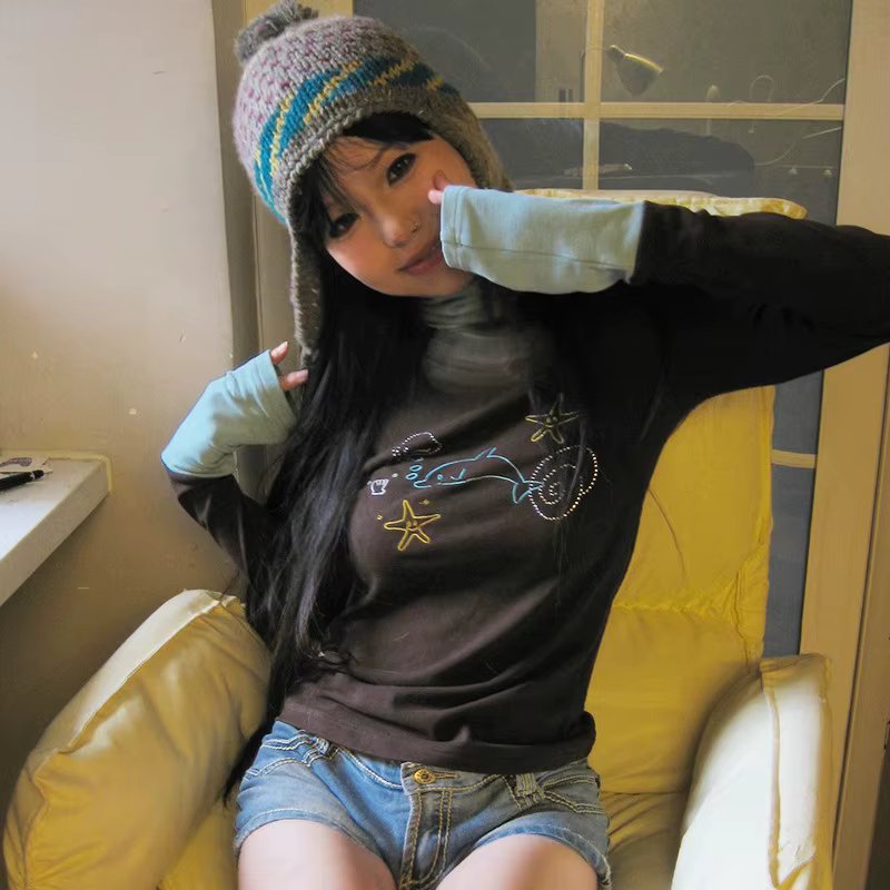 Karrram japonais Y2k col roulé T-shirt Grunge esthétique Patchwork hauts Vintage diamant imprimé à m