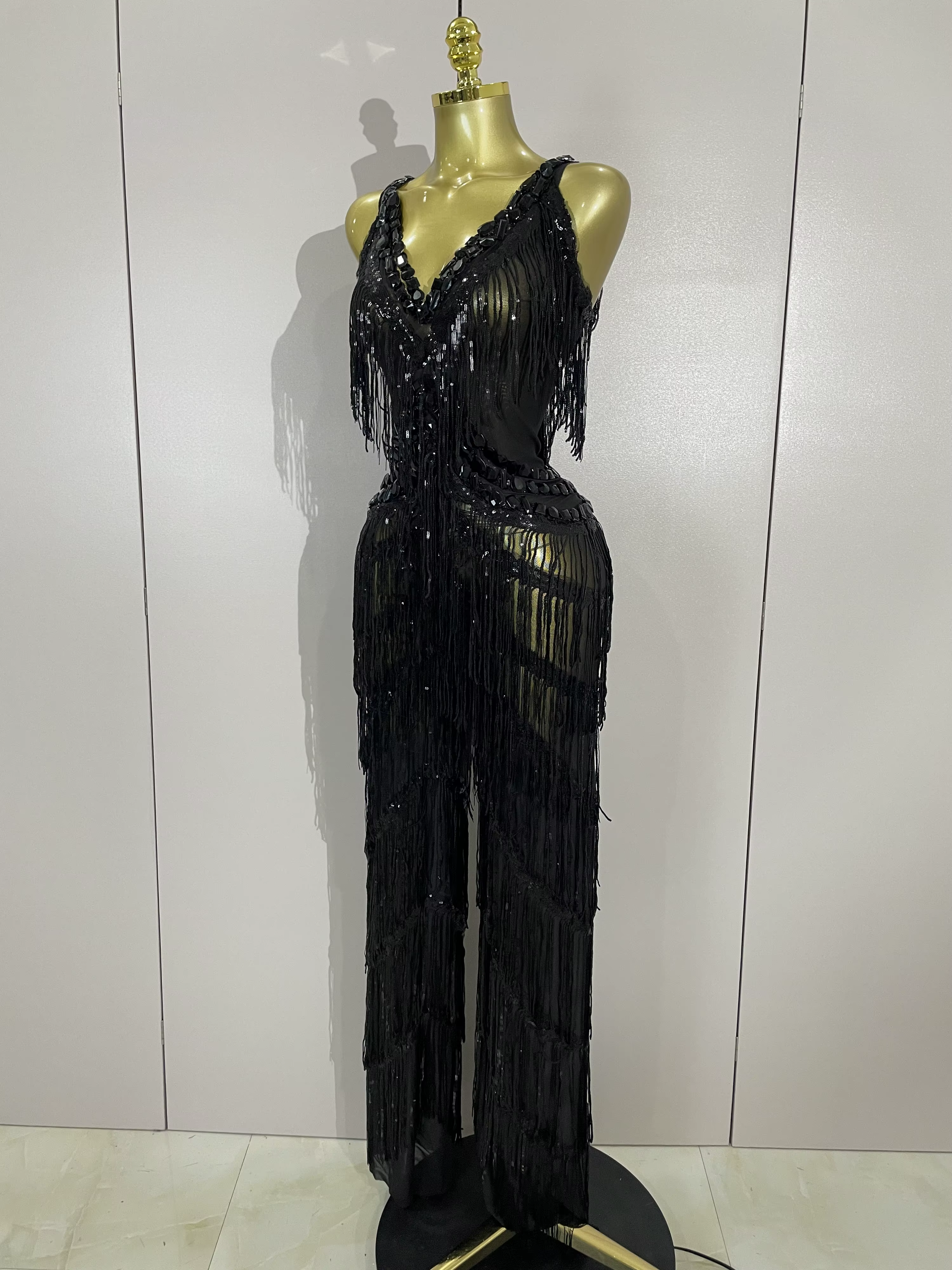 Combinaison à franges et paillettes pour femmes, strass noirs scintillants, tenue Sexy pour boîte de
