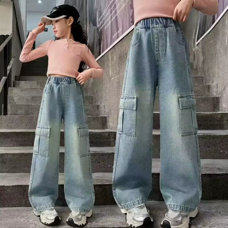 Jeans cargo pour filles, pantalons en denim à jambes larges pour enfants, vêtements de rue tendance