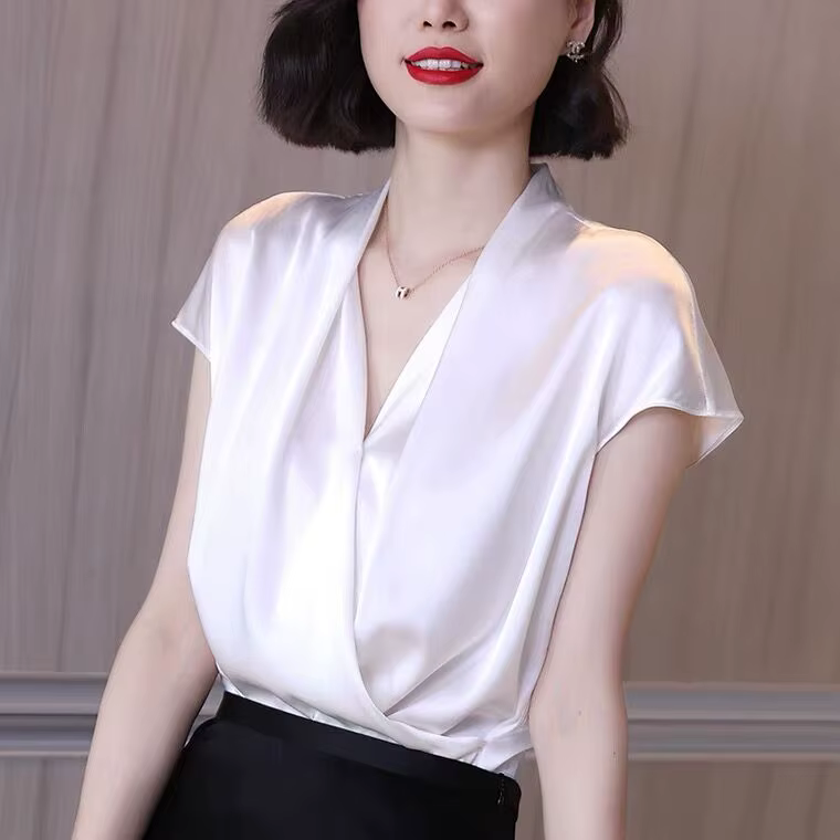 2026 été belles chemisiers pour femmes mode mousseline de soie col en V femmes Blouses Satin bureau 
