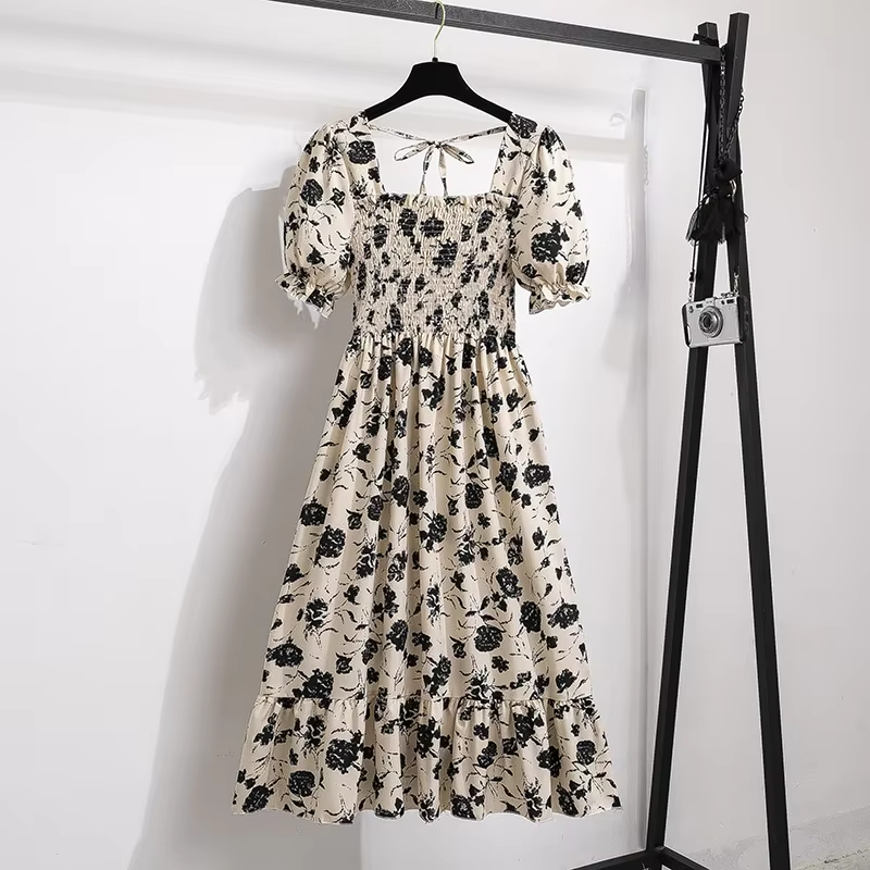 Printemps été robes en mousseline de soie mode femme taille élastique à manches courtes plissée tenu