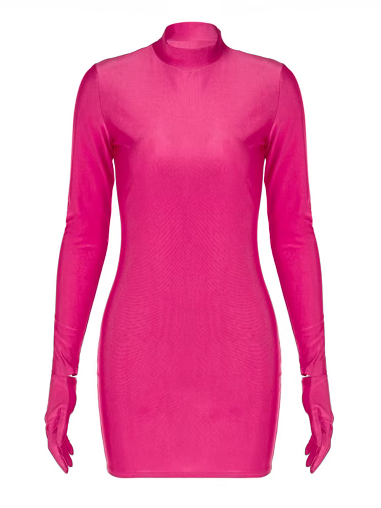 Mini robe moulante à manches longues avec gants, couleur unie, Sexy, Streetwear, tenue de fête, demi