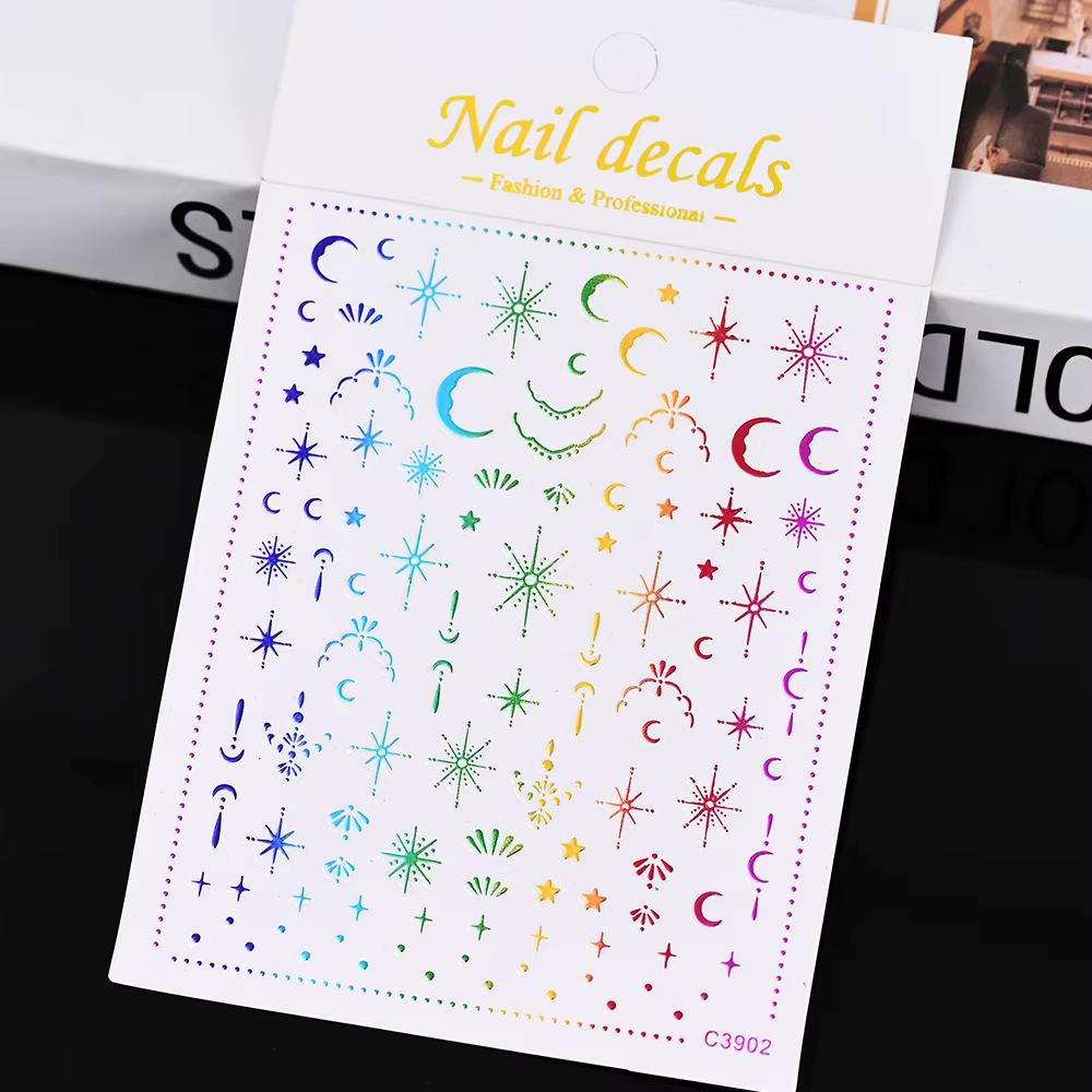 Autocollant 3D doré soleil/lune/étoile bronzant pour Nail Art, 8x10cm, Laser étoile lune, décalcoman