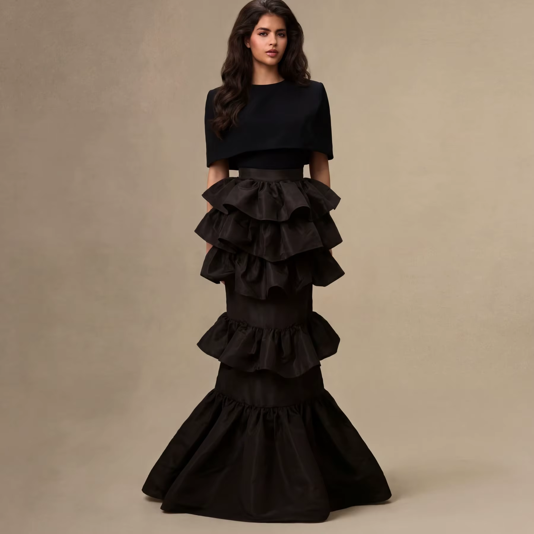 Nouvelle Arrivée Jupe Sirène Noire à Volants Superposés pour Femme Taille Haute 2026 Jupe Longue For