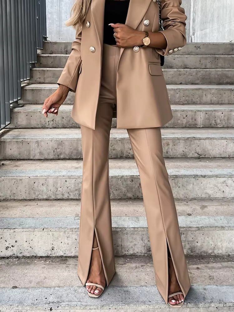 Pantalon évasé taille haute pour femme, pantalon long en PU, monochromatique, fourche ouverte, stree