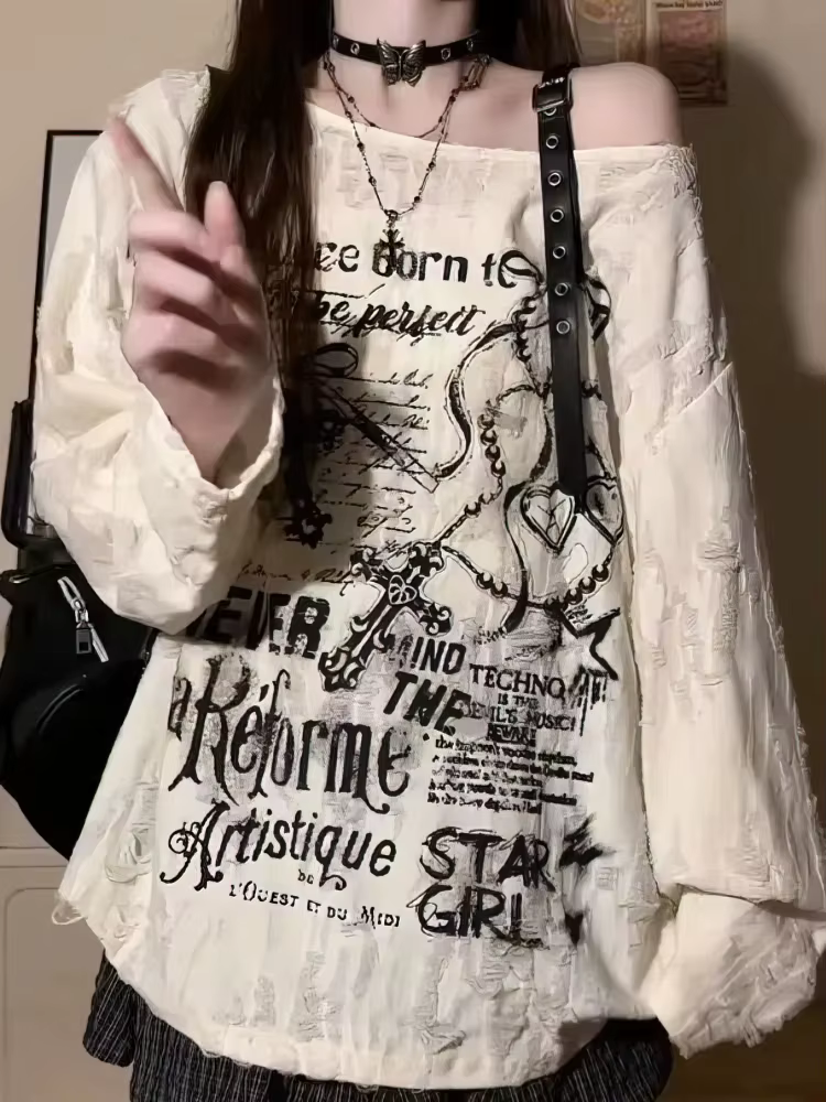 T-shirt vintage Y2K oversize à épaules dénudées avec imprimé, haut déchiré à trous, manches longues,