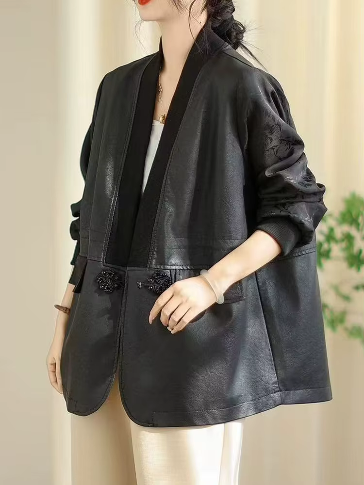Amax LuluE chinois 2025 automne dames mode Patchwork Faux cuir vestes femmes ample col en V PU mante