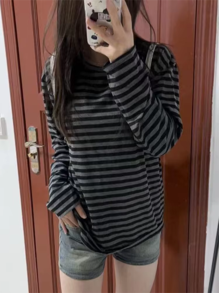 T-shirt manches longues pour femmes, vêtements japonais Y2k, hauts rayés, ample et fin, Grunge des a
