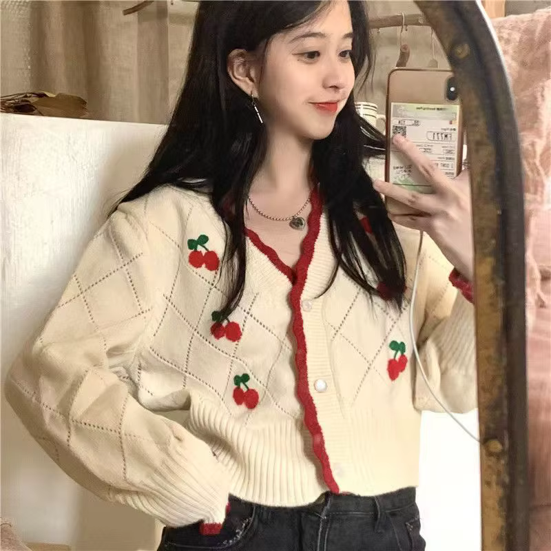Cardigan tricoté à manches longues et col en v pour femme, haut décontracté, ample, boutons floraux,