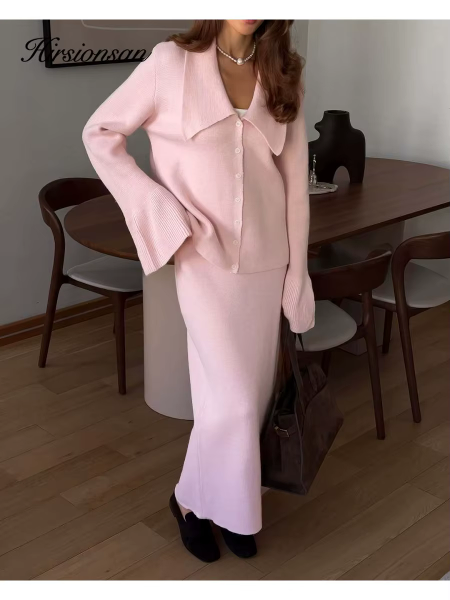 Hirsionsan Sexy doux élégant Vintage femmes costumes 2 pièces femmes ensembles col Polo Cardigan pul