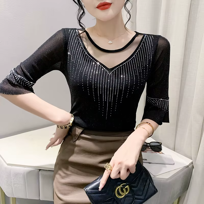 Sexy Patchwork maille t-shirt mince 3/4 manches été femmes haut forage chaud décontracté brillant so