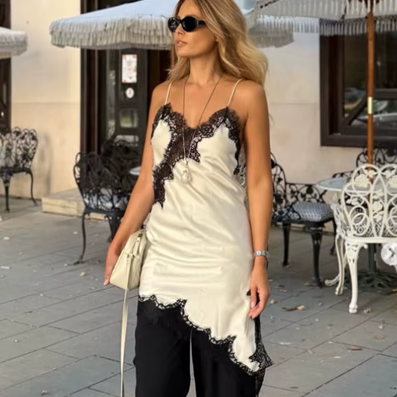 HXAO Slip femmes robes sans manches robe en dentelle noire femme asymétrique robes de soirée élégant