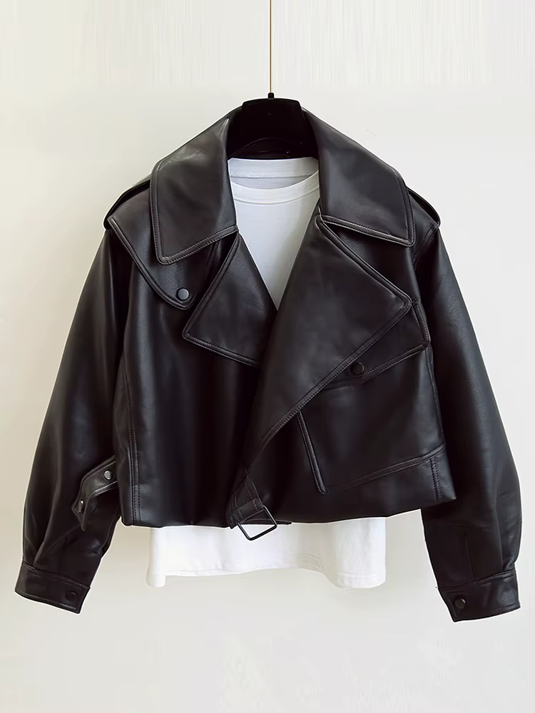 FTLZZ blouson de motard en similicuir femme, col rabattu, PU, Streetwear, ample, vêtement d'extérieu