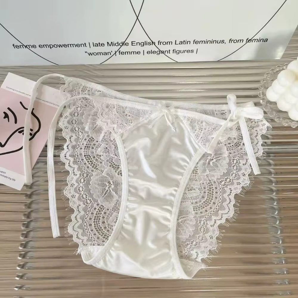 Culottes en dentelle à nœud et fleurs, sans couture, taille basse, avec lacets, en satin de soie tra