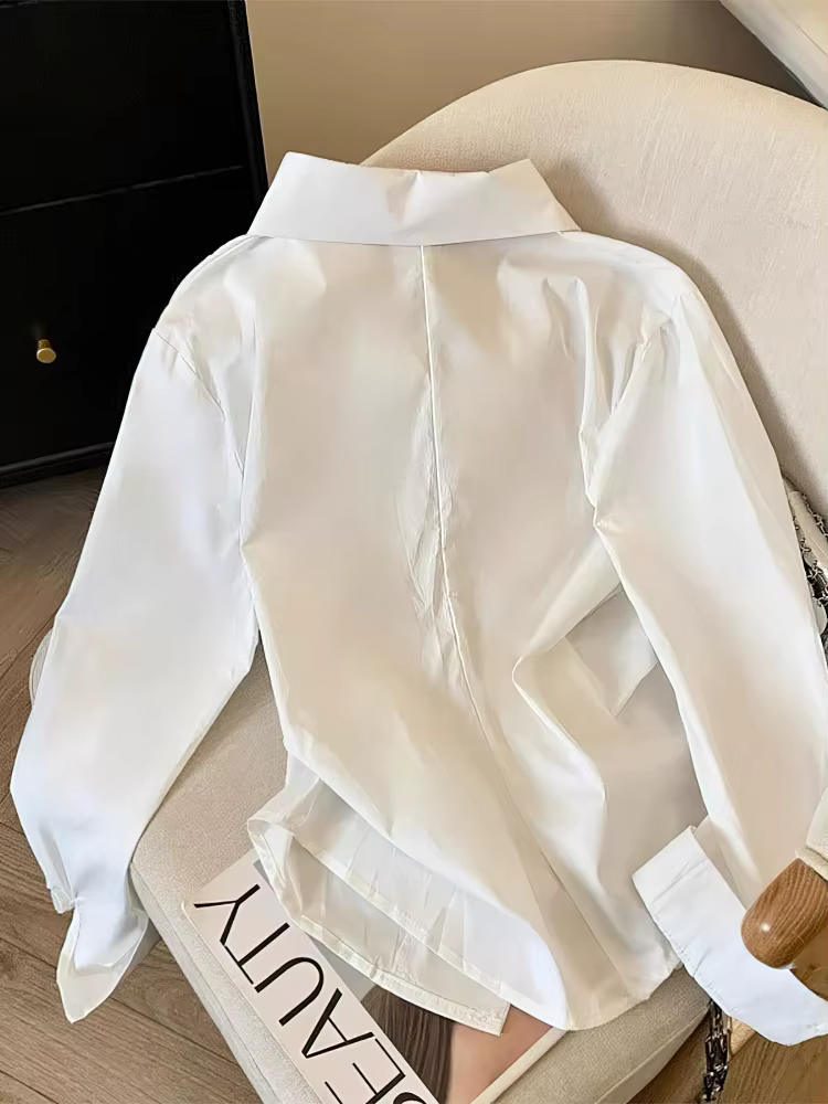 Polo à manches longues irrégulières pour femmes, tunique blanche élégante, haut basique, chemisier, 