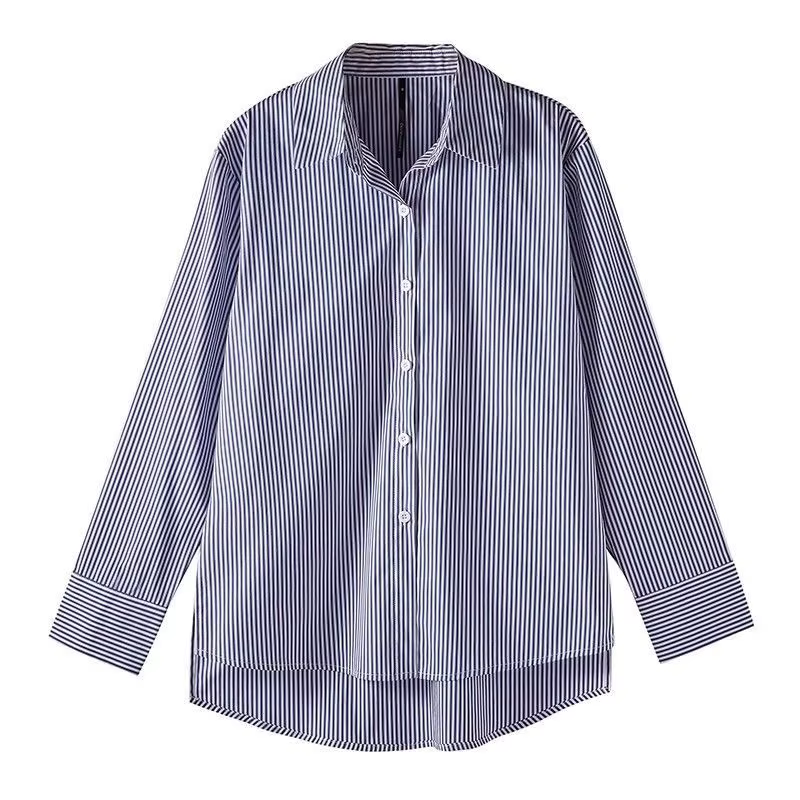 Classique rayé femme printemps automne Blouses chemise dame longue lanterne manches col montant lâch