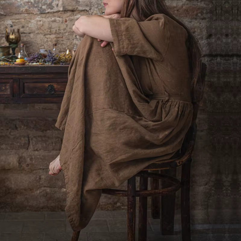 Robe longue rétro en coton et lin pour femme, col en V, manches courtes, boutons, couleur unie, stre