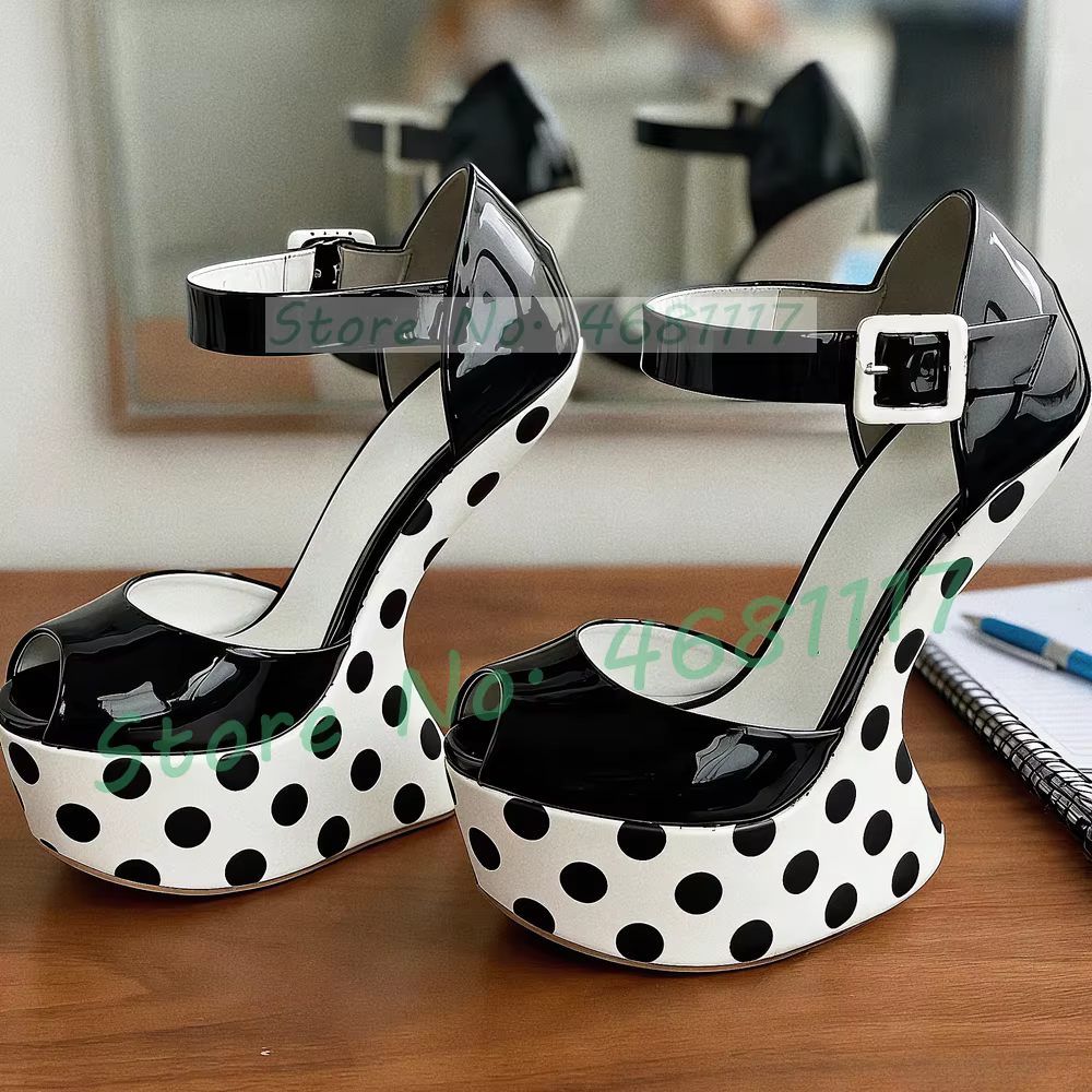 Sandales à plateforme noires à pois pour femme, sexy, à bout ouvert, en cuir verni, avec bride de ch