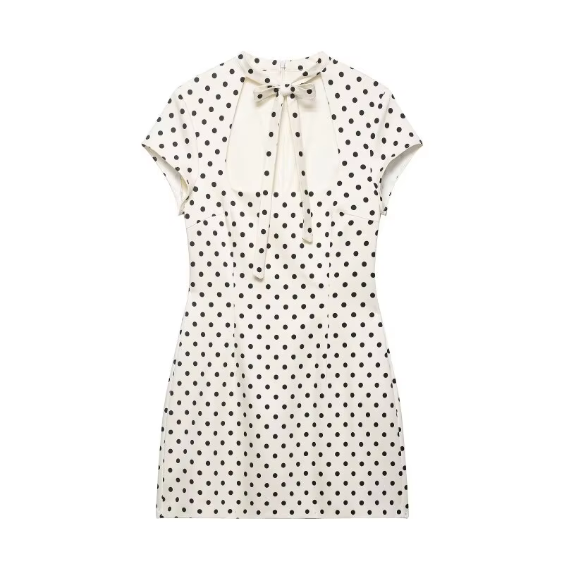 Mini-robe à découpes avec nœud papillon sur le devant, robe moulante à pois à manches courtes pour f