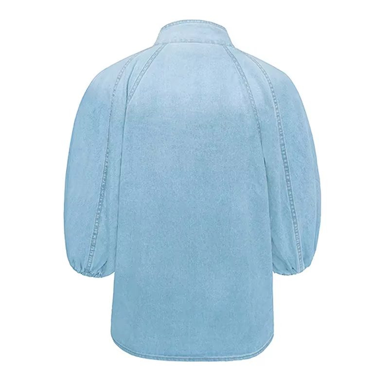 Économie à col roulé à lacets pour femmes, demi-manches bouffantes, t-shirts en denim décontractés, 