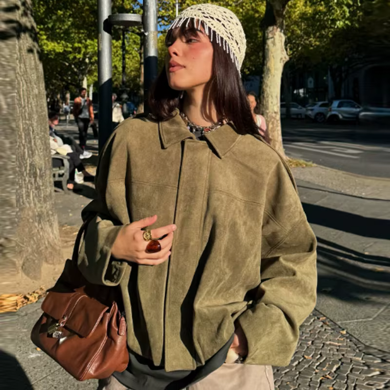 HXAO – veste courte en daim pour femme, blouson bombardier surdimensionné, manches chauve-souris, vê