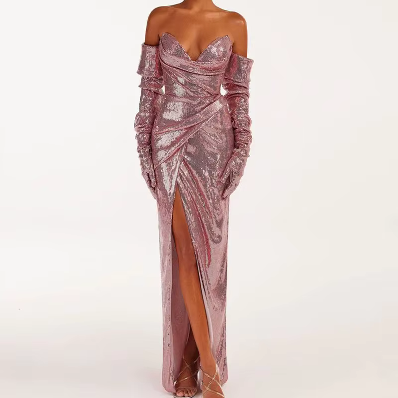 Robe de soirée sans bretelles à paillettes de couleur rose avec une fente sur les cuisses, robe long