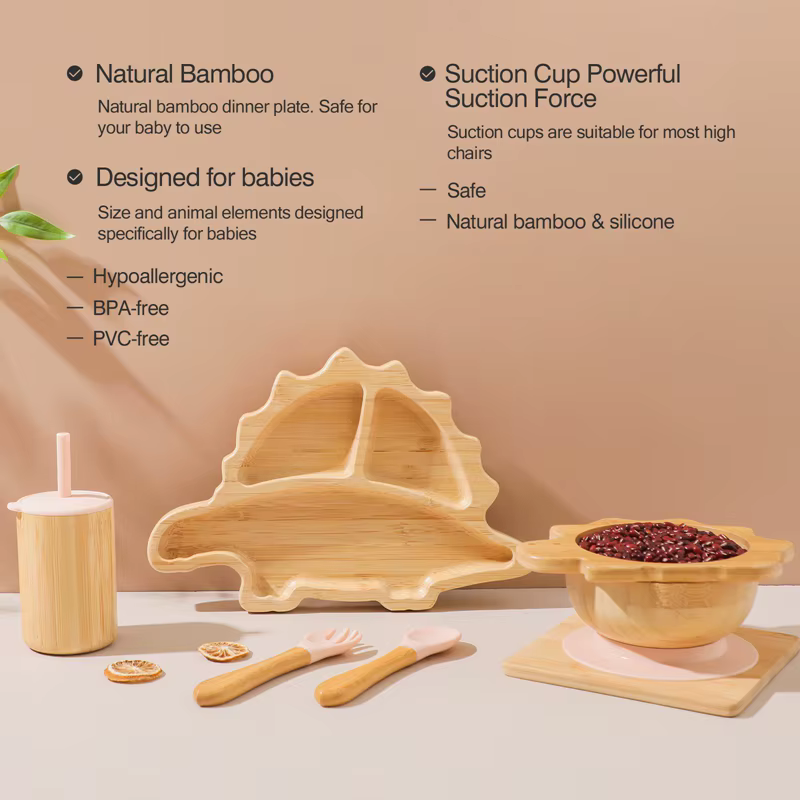 Filles d'Alimentation en Bois de Bambou avec Ventouse en Silicone pour Bébé, Dinosaure de Dessin Ani