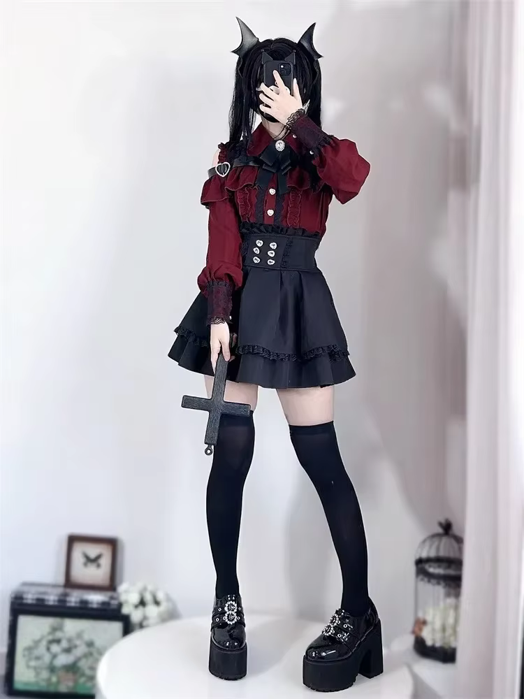 Ensemble Lolita pour femmes, haut en maille et jupe cintrée à la taille, cordon de Style de rue japo