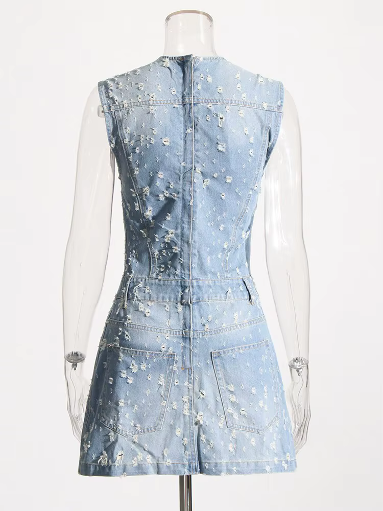 DEUX DEUX STYLE Denim évider robes pour femmes col rond sans manches tunique Patchwork poches Vintag