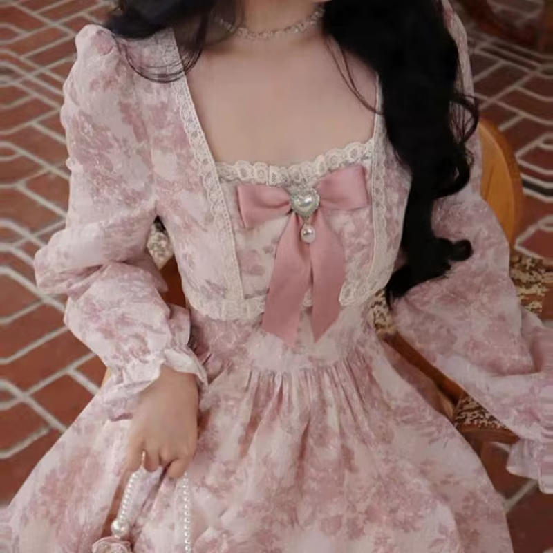 Robe mi-longue à manches longues pour femmes, douce princesse, imprimé Floral, taille flatteuse, nœu